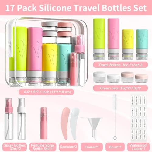 INSFIT Travel Bottles for Toiletries, 17 Pack Leakproof Travel Size Toiletries, Airplane Travel Essentials, Holiday Essentials for Women and Men with Labels/Clear Bag — view 2