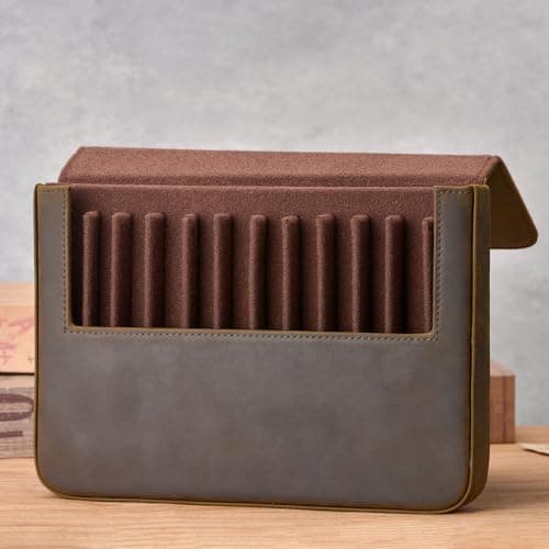 Lanxivi 12 Fountain Pen Case Genuine Leather Organizer, Crazy Horse Cowhide Leather Portable Pen Bag Pouch Drawer Style — view 4