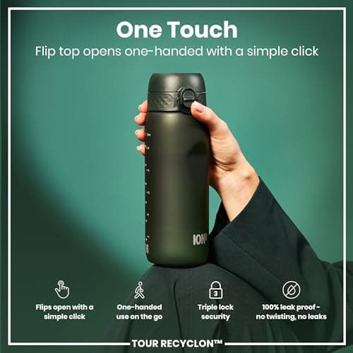 ION8 Sports Water Bottle, 750 ml/24 oz, Leak Proof, Easy to Open, Secure Lock, Dishwasher Safe, BPA Free, Flip Cover, Carry Handle, Soft Touch Contoured Grip, Easy Clean, Odour Free, Dark Green — view 3