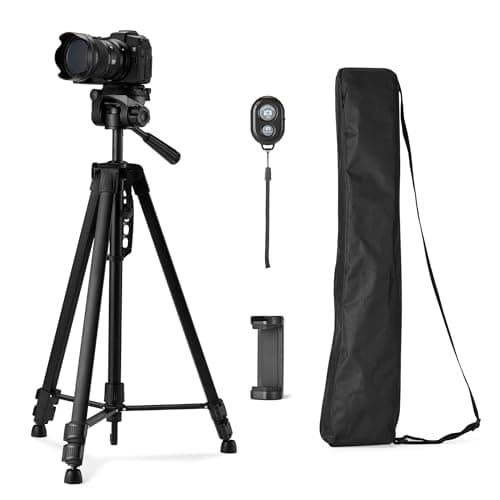 Amazon Basics 152cm/60inch Phone and DSLR Camera Tripod, Lightweight, with Bag, Wireless Remote Control and Phone Holder, Adjustable Height, Black