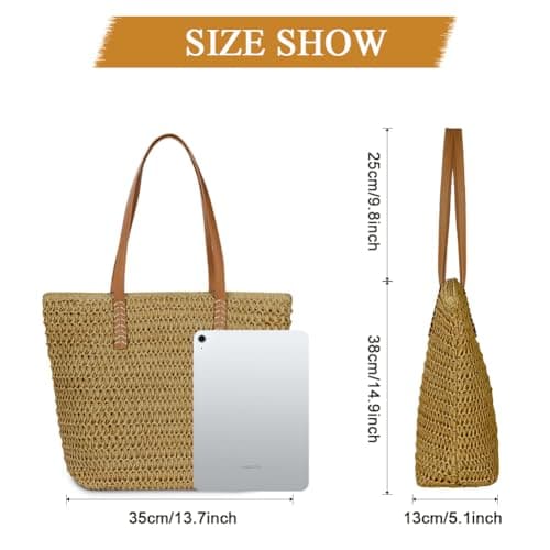 Aucuu Straw Shoulder Bag, Straw Bag for Women, Beach Bag, Large Zippered Handbag Tote Bag, Bohemian Summer Handheld Shoulder Bag for Outdoor Travel and Beach (Caramel) — view 4