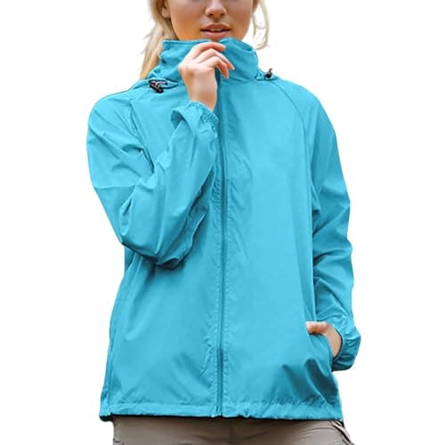 Womens Waterproof Running Jacket Quick Dry Lightweight Raincoat Hooded Rain Jacket Thin Sunscreen Water-Resistant Sports Hiking Walking Jackets Spring Autumn Summer Rain Coats Sun Protection Coat