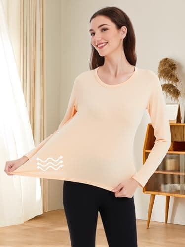 Monbessi Women's Thermal Tops Scoop Neck Ladies Long Sleeve Thermal Vests Thermal Underwear Warm Wicking Thermal Base Layers(L, Beige) — view 3