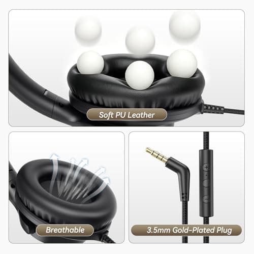 Wired Headphones with Mic, Over-Ear 3.5mm Corded Headphone for School Black — view 4
