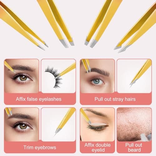 Professional Eyebrow Tweezers (7 Pcs) Precision Tweezers Set with Scissors Razor with Leather Case for Women Men Face Eyebrow Pink — view 6