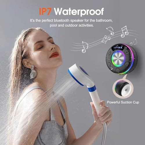 PRSCFUM Bluetooth Shower Speaker, Portable Bluetooth Speaker with Time Display, 2026 IPX7 Waterproof Wireless Speaker with RGB Lights, Deep Bass, Suction Cup for Bathroom, Travel, Outdoor, Party — view 2