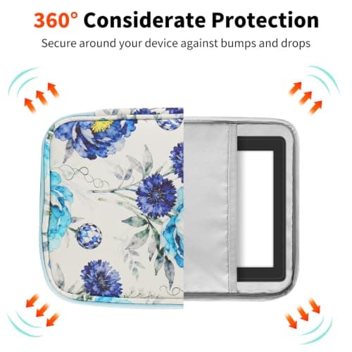 HoYiXi Universal Sleeve Bag for 6-6.8 inch E-Book Reader Compatible with 6.8" Kindle Paperwhite 2025-2012/6" All-new Kindle/Kobo/PocketBook,6" EReader With Anti-Drop Protective Cover,Blue roses — view 2