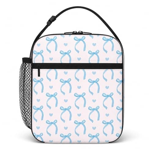 Komergave Insulated Lunch Bag for Women Girls, Cute Small Blue Bow Polyester Thermal Cooler Bag, Reusable Leakproof Portable Lunch Box Bag with Handle for Work School Picnic Travel Beach Preppy Gifts