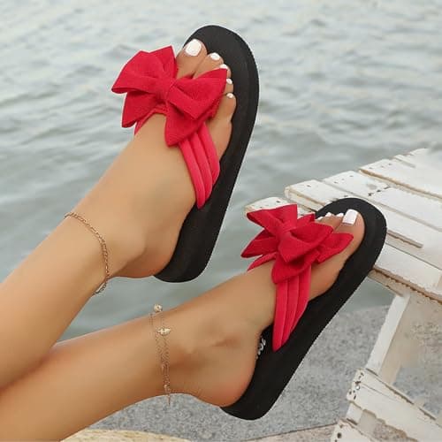 Flower Flip Flops Women Beach Slippers Size 5 Boho Open Toe Slip on Flat Sandals Summer Comfortable Yoga Mat Thong Sandals for Pool, Travel Vacation Slippers Bow Red Footwear Gift — view 4