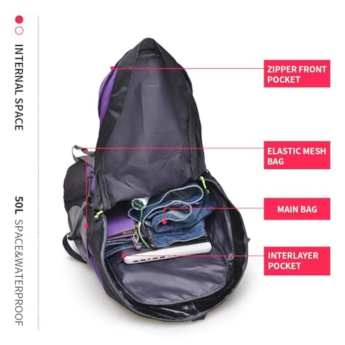 Bseash 50L Hiking Backpack, Water Resistant Lightweight Outdoor Sport Daypack Travel Bag for Camping Climbing Touring (Purple - No Shoe Compartment) — view 4