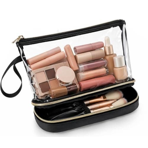 Makeup Bag Double Layer, Travel Cosmetic Case with Brush Compartment