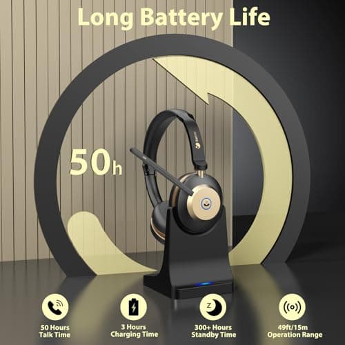 Wireless Headset, Bluetooth Headset With Microphone Noise Canceling & USB Dongle, On Ear Headphones with Charging Dock & 45hrs Working Time for Computer/Mobile Phones/Ms Teams/Skype/Zoom/Office — view 4