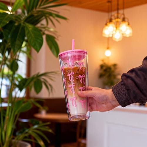 CuppaLifes 710ml Reusable Tumbler with Straw and Lid, 2 Pack Insulated Cup for Iced Coffee, Hot/Cold Drink, Plastic Travel Mug for Office, Travel, Camping, Beach, Outdoor (2, Pink) — view 3