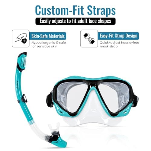 Two Bare Feet Adults Snorkel and Mask Set – Dry Top Silicone Snorkel, Anti-Fog Tempered Glass Dive Mask – Leak-Proof, Adjustable Fit for Swimming, Snorkelling & Diving Holidays (M2006S+S11S (Teal)) — view 6