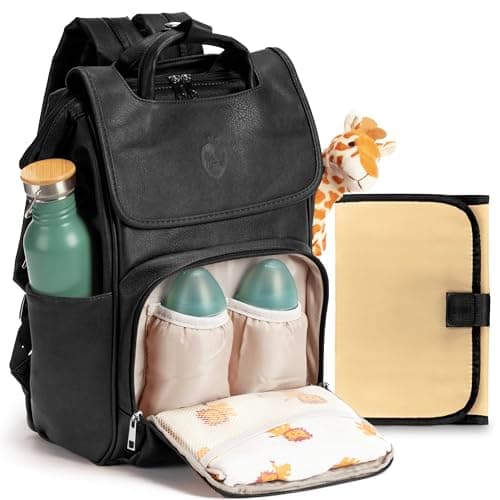 Baby Uma Award-Winning Baby Changing Bag Backpack - Leather-Style for Mum & Dad, Nappy Bag with Insulated Bottle Holders, Multiple Compartments & Changing Mat (Black)