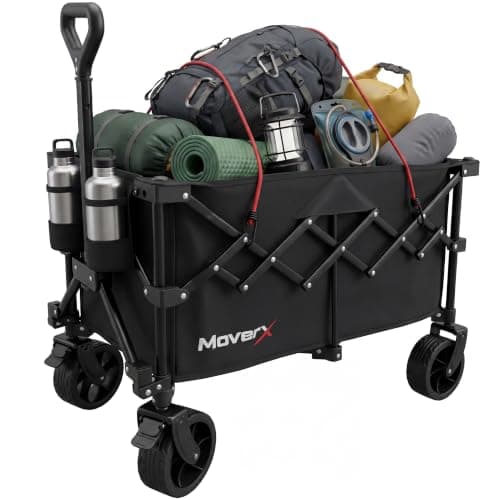 MoverX 120L Festival Trolley on Wheels, Folding Wagon, Portable Camping Cart, Collapsible Foldable Trolly for Beach Outdoor Garden Picnic Shopping Fishing, Wide Wheels, Adjustable Handle, Black