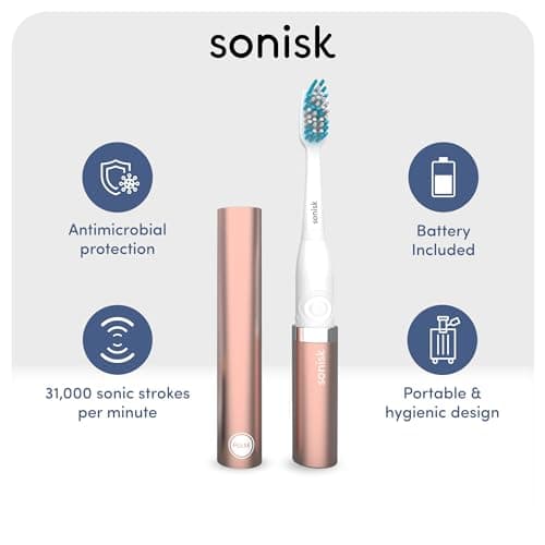 Sonisk Pulse | Battery Powered Electric Toothbrush | Portable Travel Size with Antimicrobial Sonic Technology | 1x Battery, 2X Brush Heads, 1x Travel Case Included (Rose Gold) — view 3