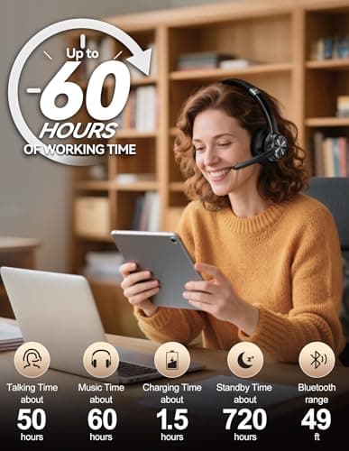 TECKNET Bluetooth Headset, Wireless Headset with Microphone Noise Cancelling for Work, BT6.0 with 60hrs Working Time, One Click Mute & Rotatable Mic Single Ear Headphone for Office/Call Center/Truck — view 3