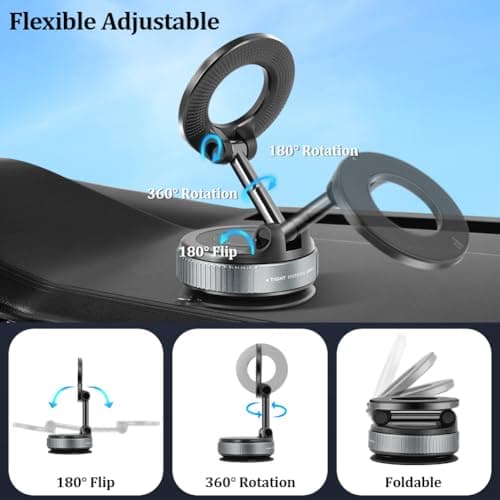Ainiv Vacuum Magnetic Phone Holder for Car, 360° Rotatable Foldable Suction Phone Mount, Portable Strong Magnet Holder for iPhone 16 15 14 13 12 Pro Max on Windscreens, Mirror, Tiles, Smooth Surface — view 6