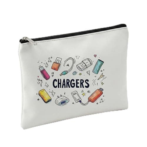Charger Bag for Travel, White Synthetic Leather Zip Cable Organiser