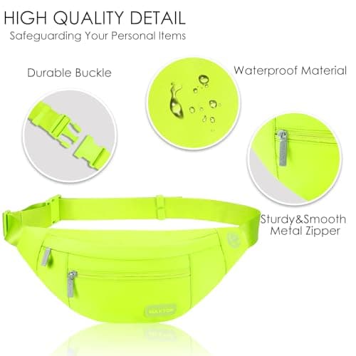 MAXTOP Large Bumbag Waist Fanny Pack Running Belt for Men Women Unisex Bum Bag with Headphone Jack and 4-Zipper Pockets Adjustable Belt for Travel Running Jogging Workout Hiking Gifts Neno Green — view 4