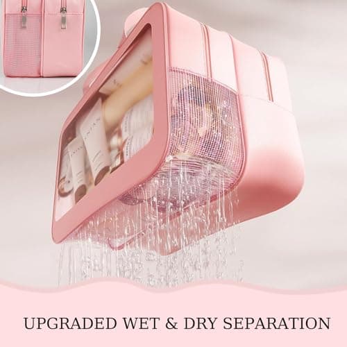 Clear Toiletry Bag, Wet Dry Separation PVC Makeup Cosmetic Bag, Large Capacity PVC Wash Bags with Handles for Women Girls Pink — view 2