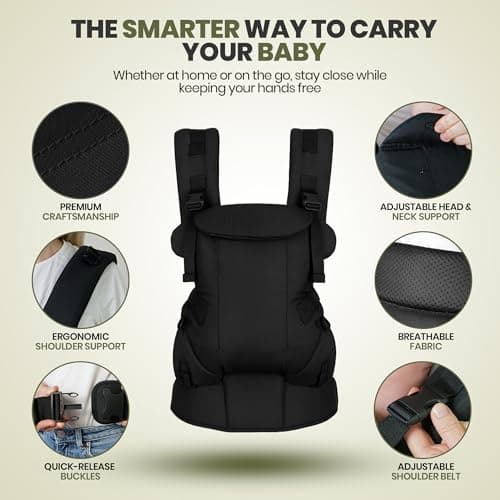 Nouize Lightweight Baby Carrier, Newborn to Toddler – Breathable Mesh-Backed Support, Cooling for Summer – Front, Hip & Back Carry, Adjustable 3.5–20kg – Black — view 4