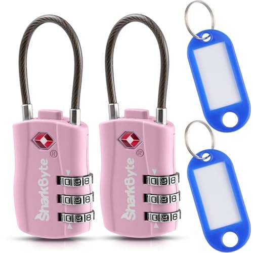 SharkByte Slim TSA Approved Luggage Locks, 3-Dial Security Travel Combination Padlock with Tags, Flexible Cable Wire Travel Lock, Suitcase Locks, Bag, Gym Locker, Small Padlock with Code (2 Pack)