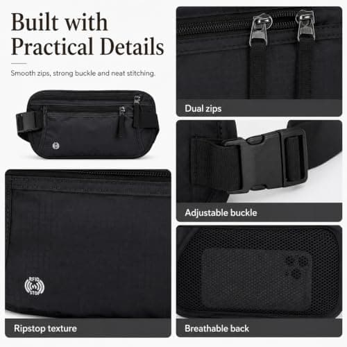 Travel Money Belt, Ultra-Slim RFID-Blocking Waist Pouch, Black, 1-Pack — view 6