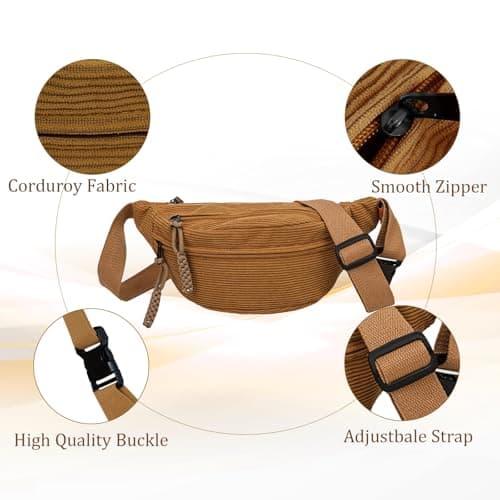 XSDSLS Corduroy Bum Bag Waist Bag for Men Women,Crossbody Waist Bag Fanny Pack with Adjustable Strap Belt Bag for Travel Festival Walking Sport Running Outdoor Gym (Khaki) — view 3