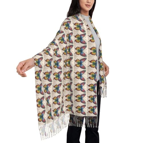 Rainbow Butterfly Print Elegant Fringe Scarf Shawl Wrap For Women Winter Fall Spring Travel Accessory Gift — view 4