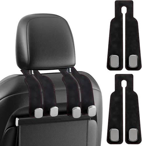 2Pcs Car Seat Back Hooks, Leather Vehicle Headrest Hook Backseat Hangers with Dual Hooks, Car Seat Organiser Hook for Hanging Bags Purses Handbags, pace-Saving Travel Organizer for Automobiles — view 4