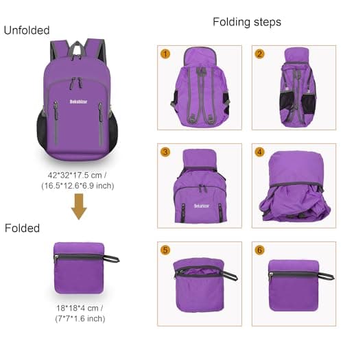 Bekahizar 20L Ultra Lightweight Backpack Foldable Hiking Daypack Rucksack Water Resistant Travel Day Bag for Men Women Kids Outdoor Camping Mountaineering Walking Cycling Climbing (Purple) — view 3