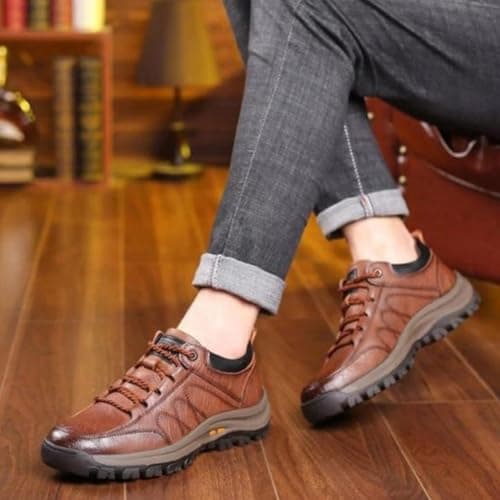 Hand-Stitched Leather Shoes,Men Hiking Shoes Arch Support Anti-Fatigue Anti Slip Shock Warm Running Boots,Men's Comfortable Orthopedic Leather Sneakers with Arch Support(Brown,9 UK) — view 2