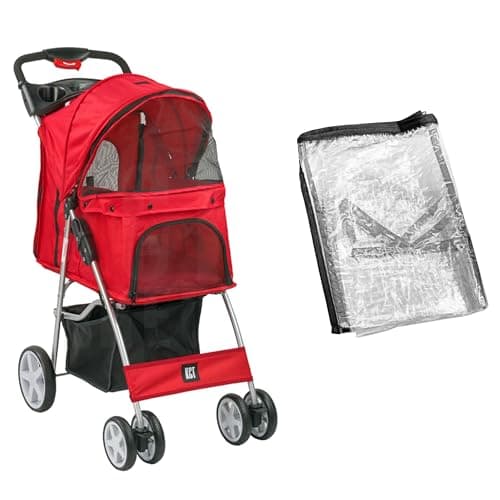 KCT Hooded Foldable Pet Dog Cat Stroller with Waterproof Rain Cover - Red - 4 Wheel Travel Carriage with Safety Leash, Canopy, Cup Holder, Storage Tray