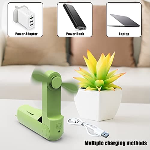 Hand Held Fan, Portable USB Rechargeable Mini Handheld Cooling Device, Folding Design, Battery Driven With Mobile Power Supply for Home Travel Outdoor (Green) — view 3