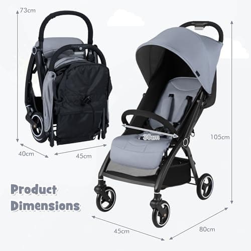 COSTWAY Baby Pushchair, One Hand Foldable Toddler Stroller with Adjustable Backrest & Canopy, 5-Point Harness, Storage Basket, Lightweight Travel Pram for Infants 0-36 Months (Light Grey) — view 6