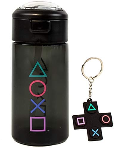 PlayStation Water Bottle & Keychain Gift For Adults & Kids | Gaming Sports Drink 18oz | Boy & Girl Gamer Present | Black Waterproof & Straw Drinking Cup — view 2