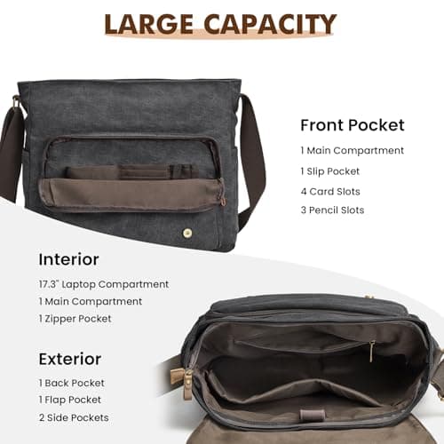 S-ZONE Messenger Bag Fit for 17.3 Inch Laptop Extra Large Men Canvas Briefcase Crossbody Satchel Shoulder Bag with Luggage Sleeve — view 4