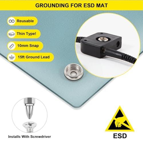 FEITA ESD Mat Anti Static Workstation Grounding Kit, 15 Feet Male Low Profile Grounding Plug Adapter, Universal Snap Kit, 8 Feet Ground Coil Cord with Alligator Clip, Navy Blue Anti-Static Wristband — view 4