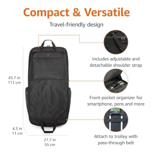 Amazon Basics Premium XL Garment and Suit Bag with Adjustable Shoulder Strap, Two Tie-Down Straps and Metal Eyehole for Hanger, 109cm x 55cm x 11cm, Black, Solid — view 2