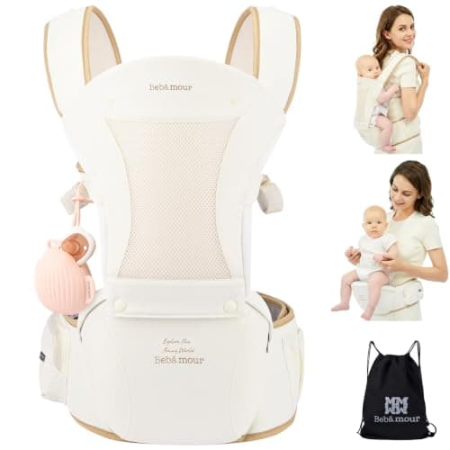 Bebamour Baby Carrier with Hip Seat, Newborn to Toddler 0–36 Months, Ergonomic Infant Carrier with Adjustable Waist Belt, Head Hood, Teething Pads & Waist Extender, Beige