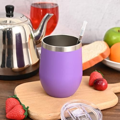 Joymaking 12oz Reusable Coffee Cup, 2 Pack Double Walled -Insulated Travel Mug Vacuum Stainless Steel Wine Tumbler with Spill Proof Lid, Great for Coffee, Tea, Milk and Wine, Purple — view 3