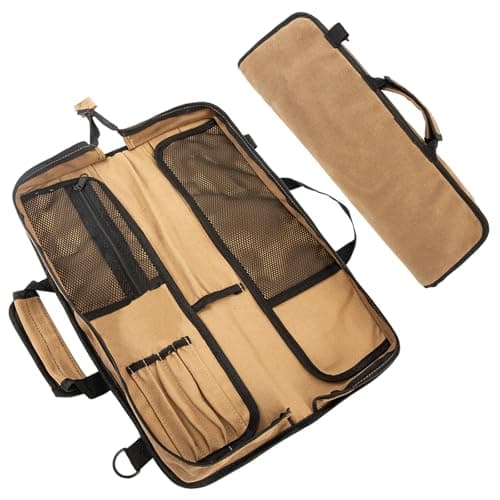XITVVyg Chef Knife Case (12 Pockets), Heavy Duty Waxed Canvas Storage with Handle, Multi-Function Knife Tool Roll Bag for Home Kitchen Traveling (Khaki)
