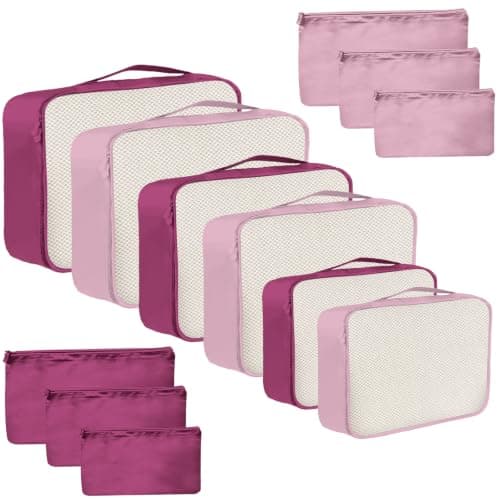 12 Piece Packing Cubes, Multi Coloured Packing Cubes for Suitcases, Mesh & Flat Zip Bags, Large Medium Small Sizes, Lightweight Travel Cubes for Luggage Storage (12, Burgundy Pink)