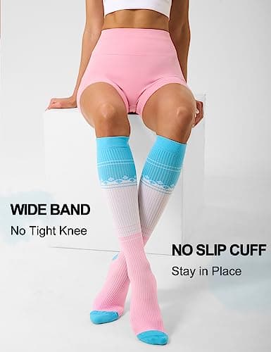 FITRELL 3 Pairs Compression Socks for Women and Men 20-30 mmHg Travel Flight Socks Medical Knee High Socks for Sport, Flying, Carers, Nurse, Pregnant Women, Varicose Veins, Cream, S/M — view 4