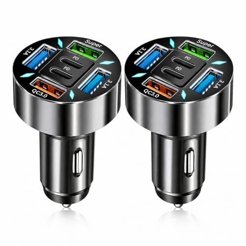 2 Pack 66W USB C Car Charger Adapter, 6 Port Car USB Charger, Fast Charging Car Phone Charger Cigarette Lighter USB Charger for Multiple Devices