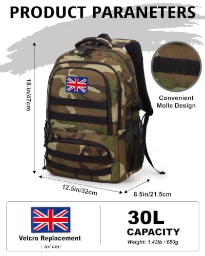 30L Tactical Camo Backpack for Boys 900D Military Schoolbag with 4 Pockets — view 3