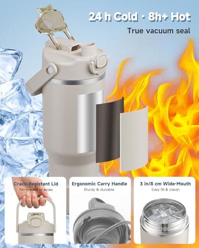 KANGZY Metal Water Bottle with Straw 1L/32oz – Vacuum Insulated Stainless Steel Flask, 2-in-1 Straw & Spout Lid, BPA-Free Leak-Proof Tumbler, Keeps Drinks Hot 8H+ / Cold 24H for Work, Travel White — view 4