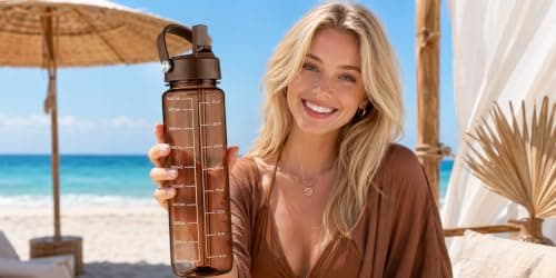 GOPPUS 1000ml/32oz Clear Water Bottle with Straw, Tritan Leakproof Sports Drinking Bottle, BPA Free Wide Mouth Gym Bottle with Handle and Measurement Marks for School, Gym, Travel (Brown) — view 6